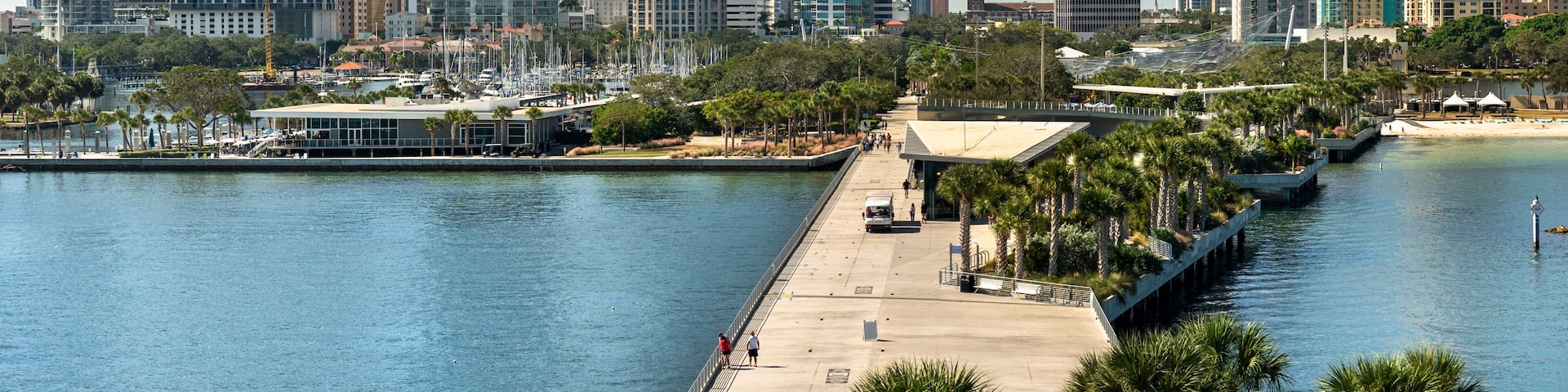 A waterfront cityscape with high-rise buildings, a promenade lined with palm trees, and a calm body of water.