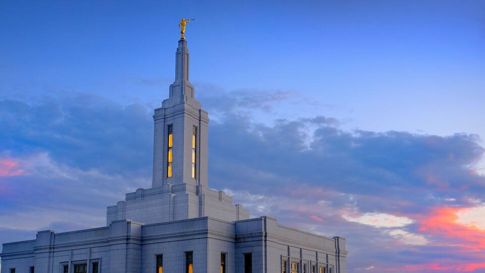 Pocatello Idaho LDS Mormon Temple with Lights at Sunset