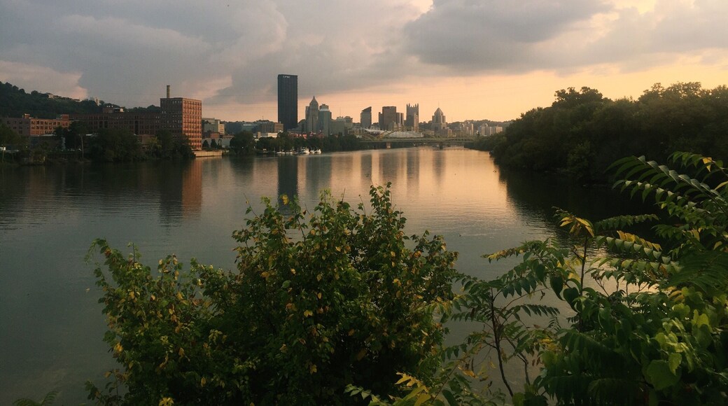 View of downtown Pittsburgh from the end of Herr's Island. Rent a bike and ride the trails alongside the river to Herr's Island and have a drink or lunch at Redfin Blues.