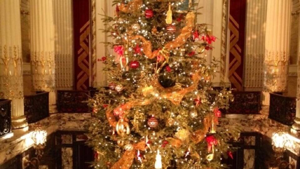 A grand Christmas tree adorned with ornaments and lights, set in an opulent room with ornate columns and chandeliers.