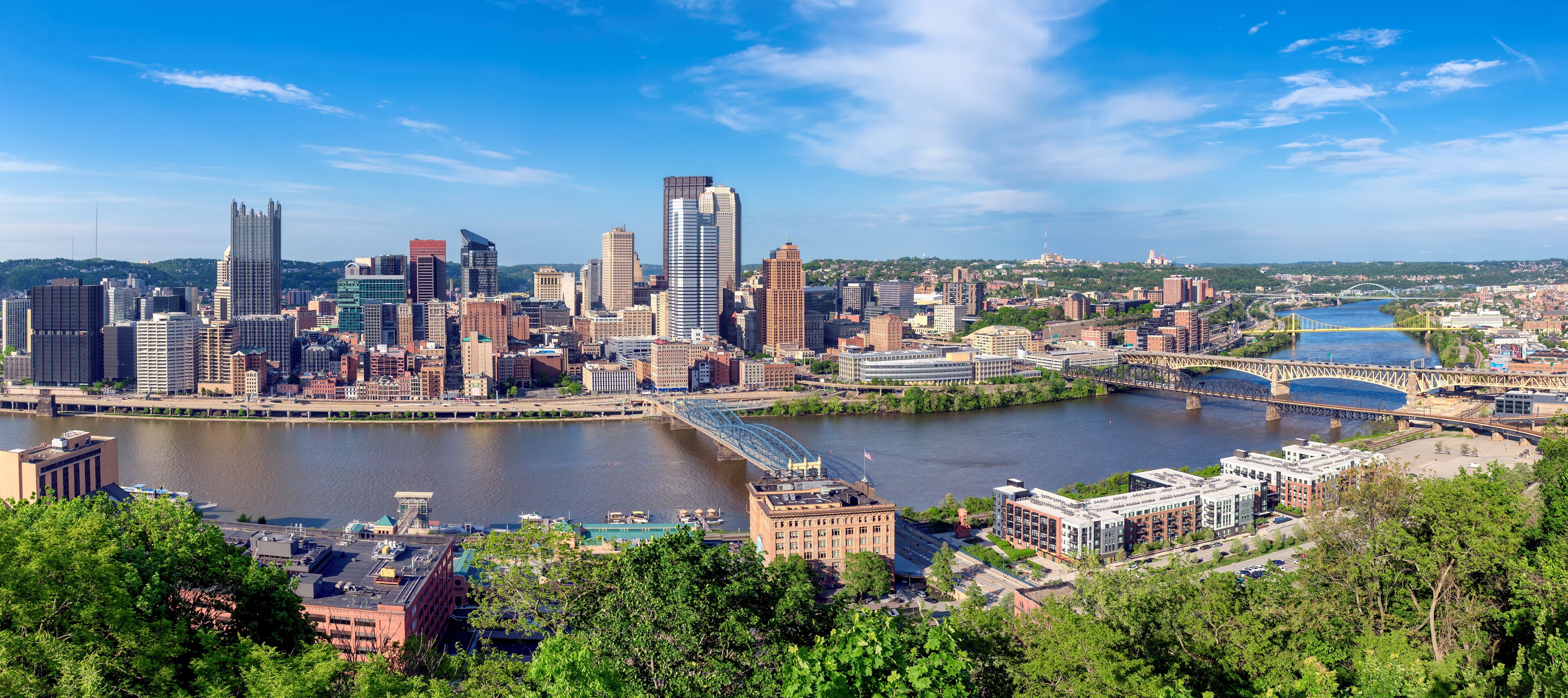 Panoramic view of Pittsburgh city from Grandview Overlook in spring sunny day in Pittsburgh, Pennsylvania.	