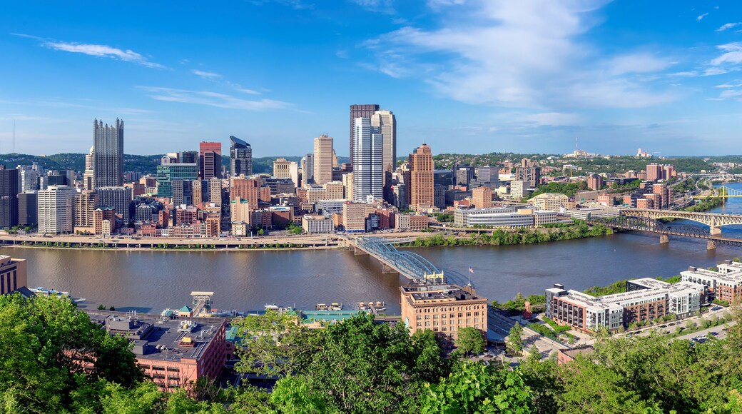 Panoramic view of Pittsburgh city from Grandview Overlook in spring sunny day in Pittsburgh, Pennsylvania.