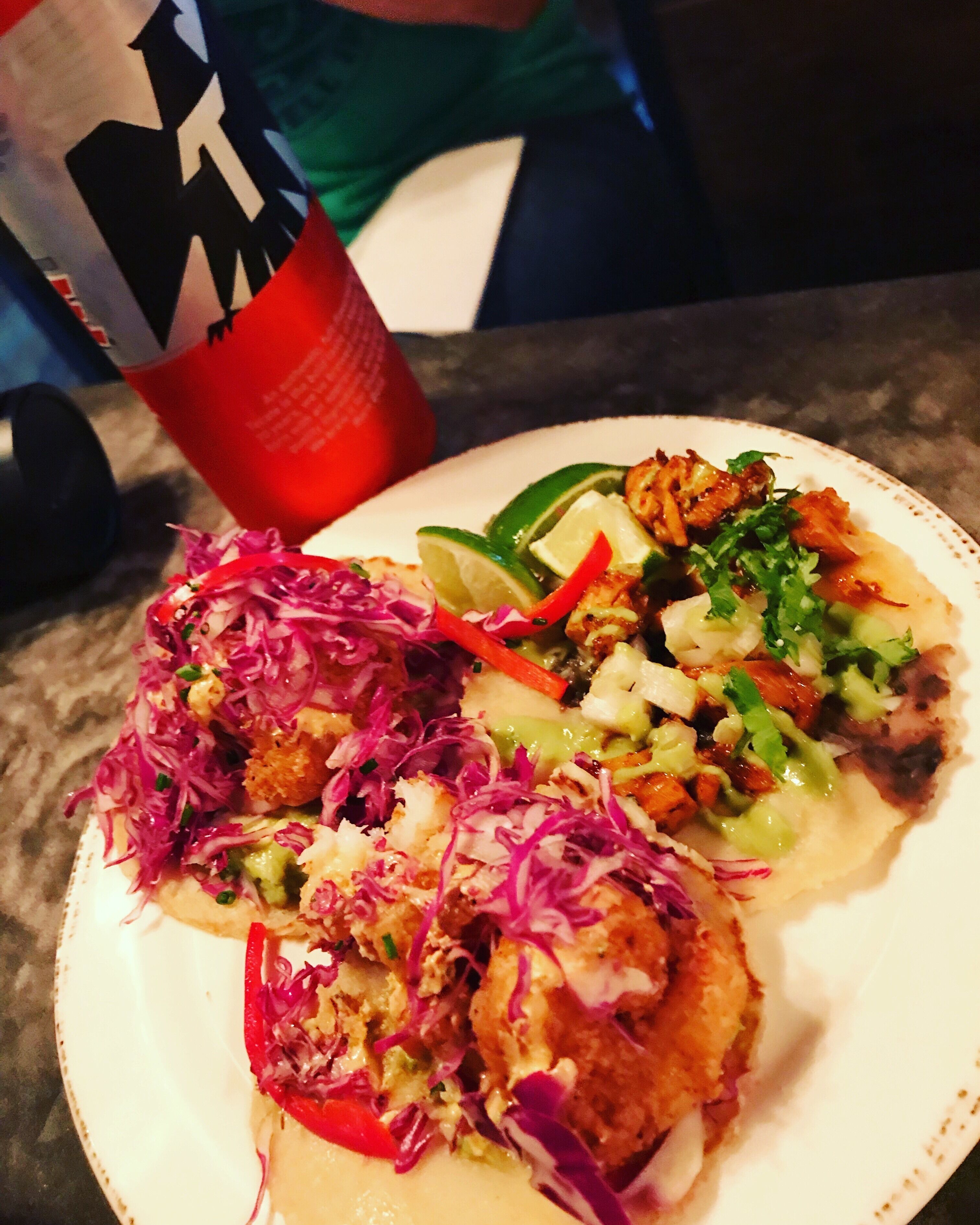 Shrimp and pollo tacos.