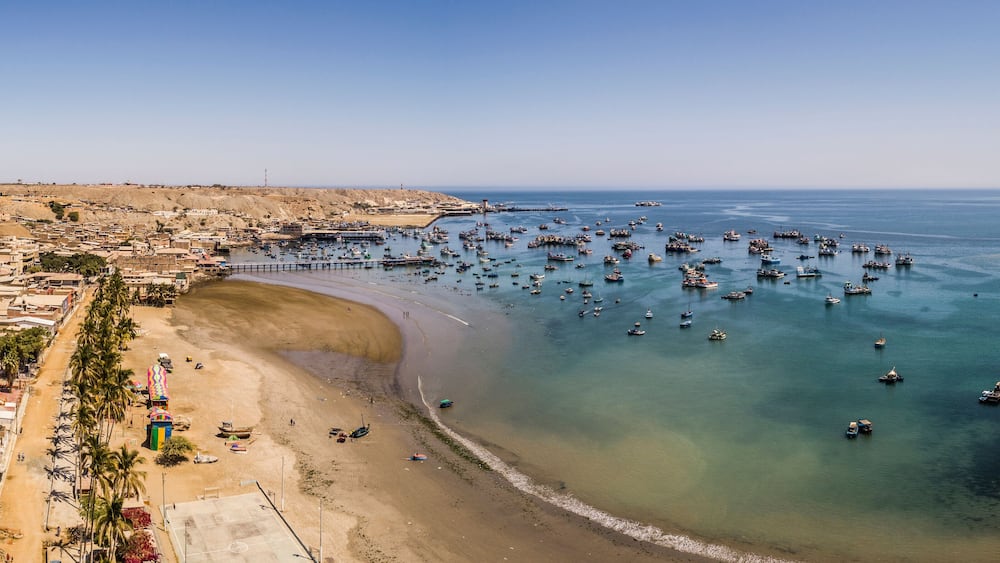 Paita, Piura, Peru: Aerial panoramic drone view of the Paita harbor