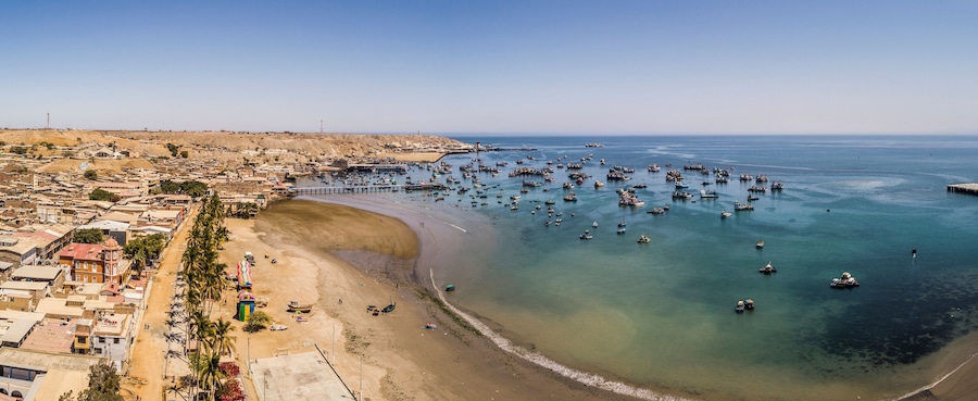 Paita, Piura, Peru: Aerial panoramic drone view of the Paita harbor