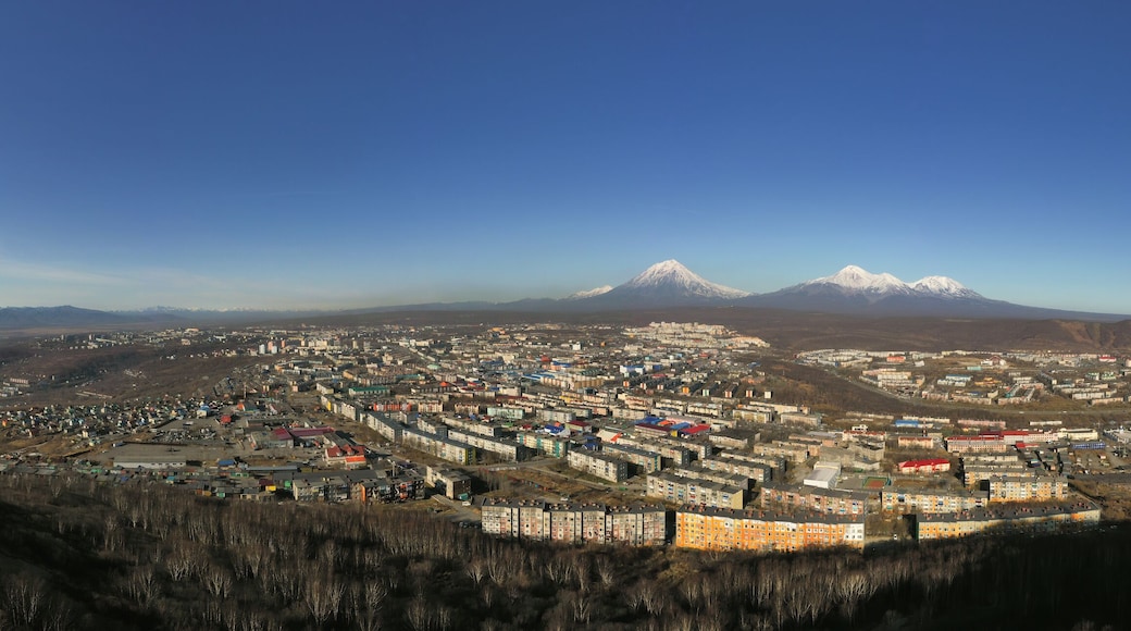 A city landscape surrounded by volcanoes. City view of Petropavlovsk-Kamchatsky on the Kamchatka Peninsula in the Far East of Russia.