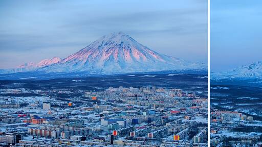 Set of panoramic view of the city Petropavlovsk-Kamchatsky and volcanoes