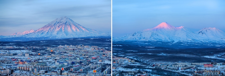 Set of panoramic view of the city Petropavlovsk-Kamchatsky and volcanoes
