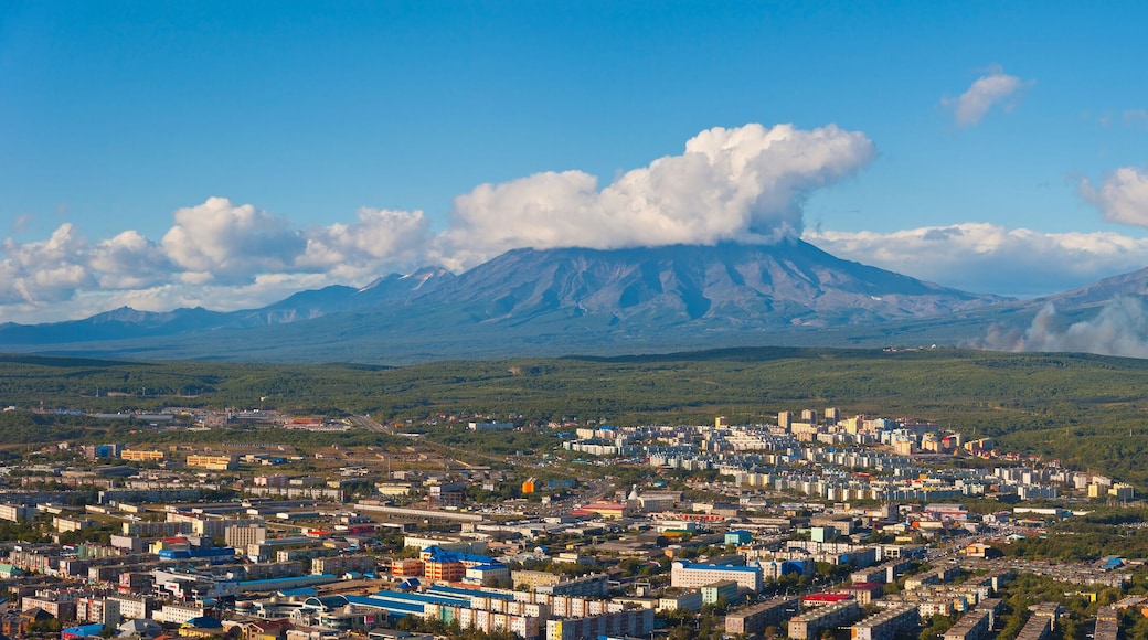 Panoramic view of Petropavlovsk-Kamchatsky and Koryaksky and Avachinsky and Kozelsky volcanoes from Mishennaya Sopka, 2012.