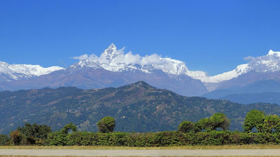 Aerial view to Annapurna range from World Peace Pagoda in Pokhara, Nepal