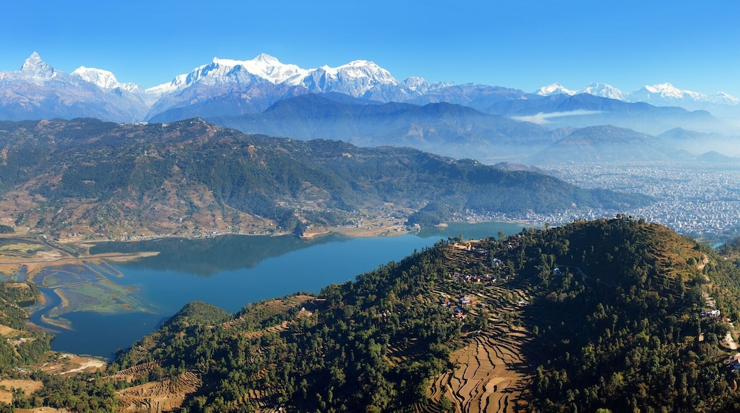 Panoramic view of Annapurna Dhaulagiri and Manaslu himalayan range, Pokhara and Phewa lake, Pokhara valley, Nepal Himalayas