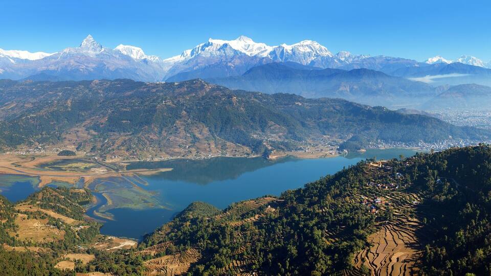 Panoramic view of Annapurna Dhaulagiri and Manaslu himalayan range, Pokhara and Phewa lake, Pokhara valley, Nepal Himalayas