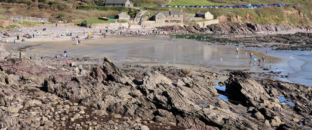 The church of St Werburgh in Wembury, Devon, above the beach.