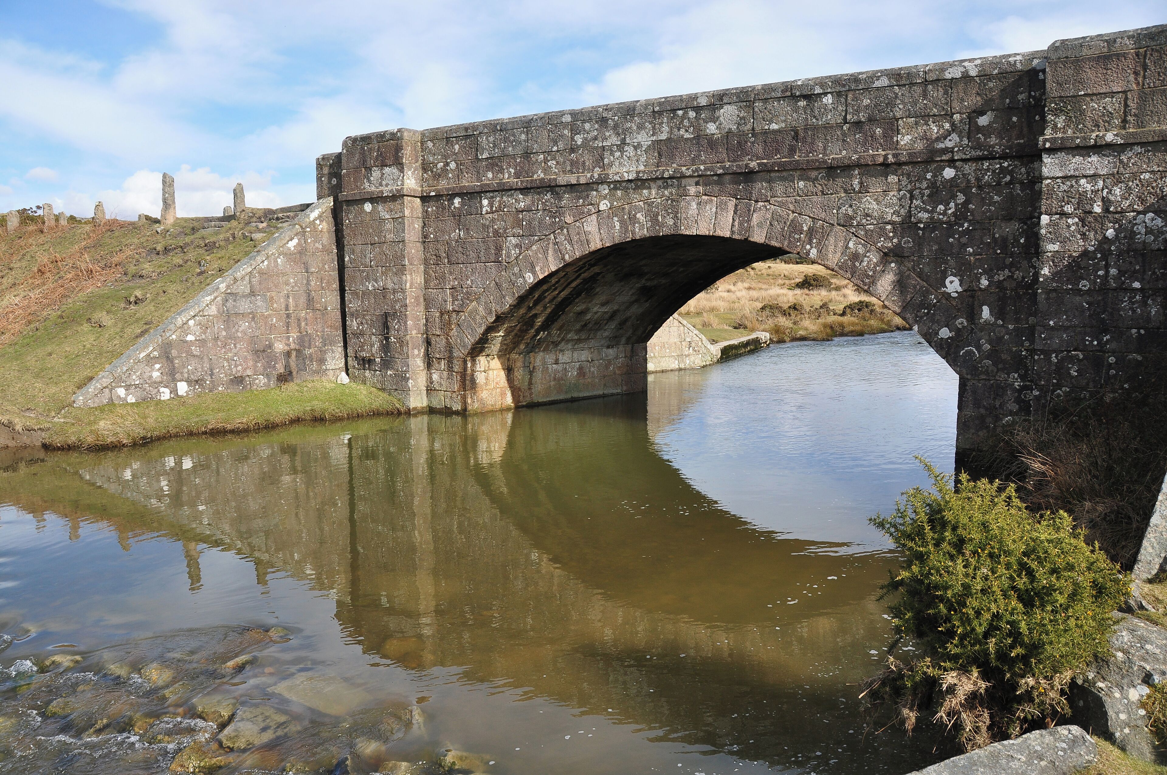 A stone bridge over a calm river with grassy banks and a clear sky.