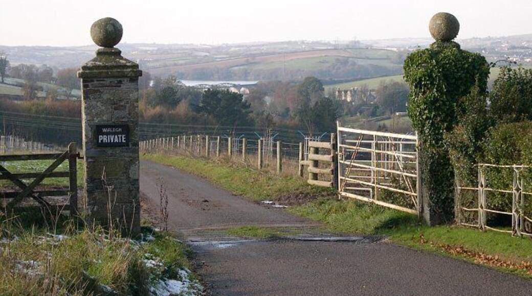 Gateway to Warleigh House. Situated by a gatehouse, Warleigh Lodge, these gates mark the start of a driveway to Warleigh House, over a kilometre away. This photograph looks west across the grid square towards the house and the River Tamar.