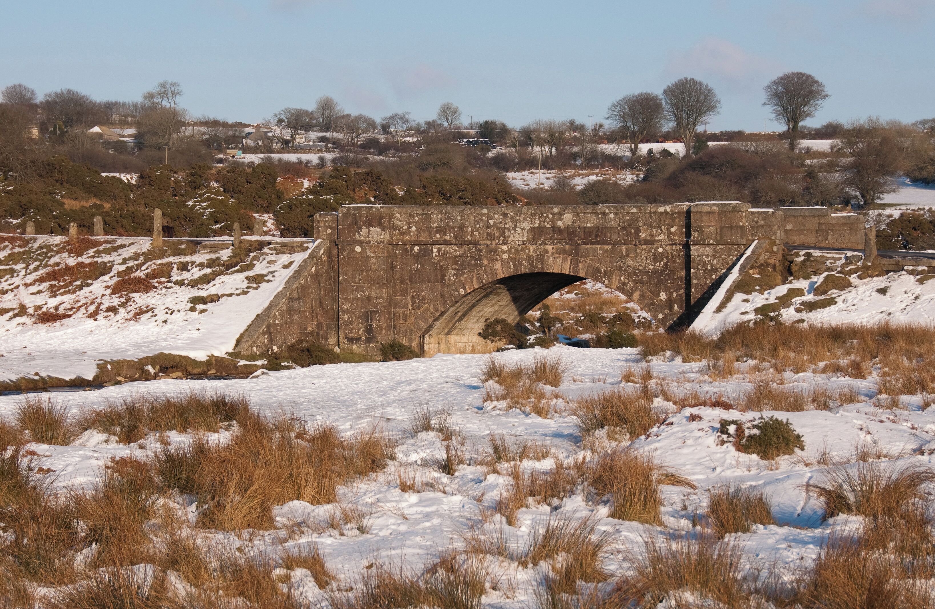 Cadover Bridge, over the River Plym on Dartmoor. The photo was taken after heavy snowfall throughout the UK.