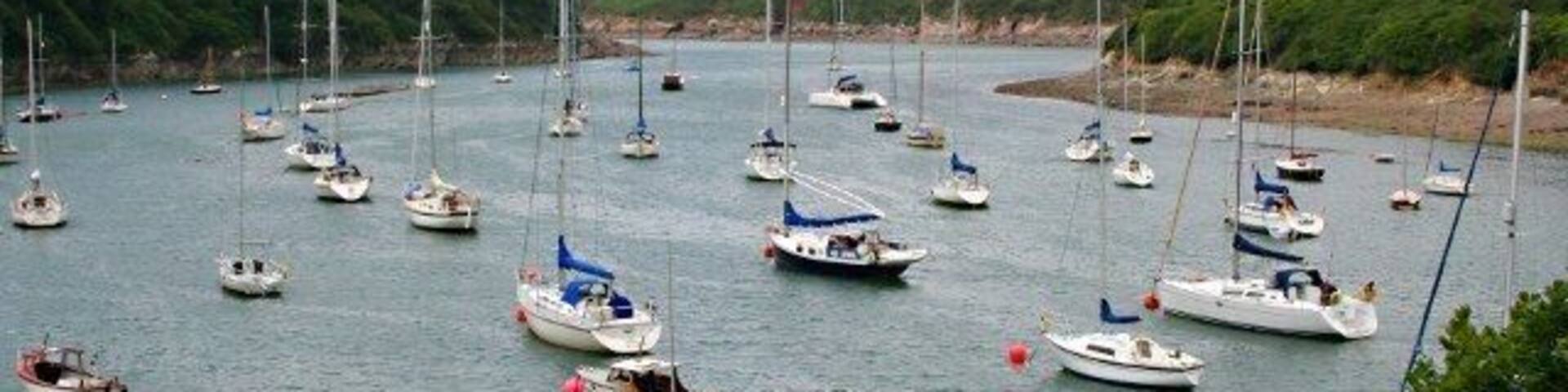 A harbor with numerous sailboats anchored in calm waters, surrounded by green hills.