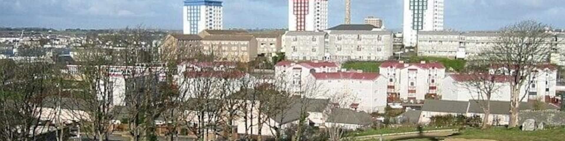 Devonport. An inner city area of Plymouth. The refurbished residential tower blocks in their red, green and blue colours have become a local landmark and a symbol of Devonport.