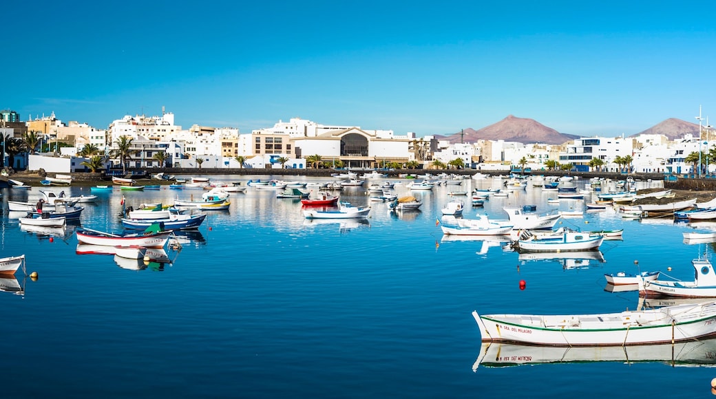 Lanzarote featuring a coastal town and a marina