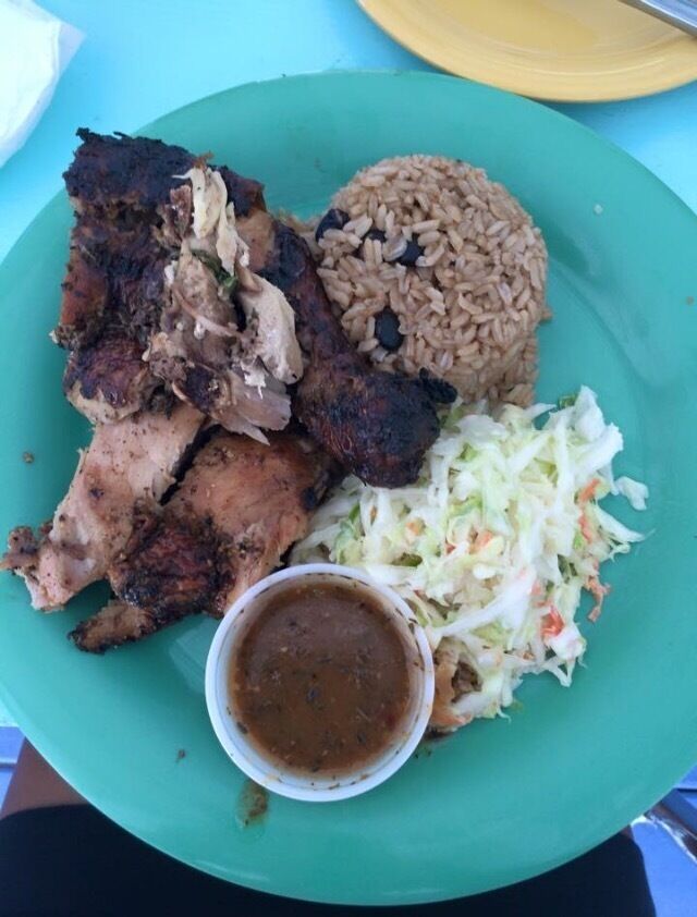 Delicious jerk chicken and conch