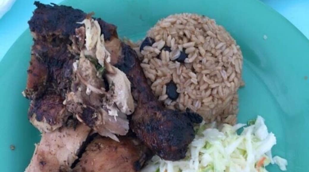 Delicious jerk chicken and conch