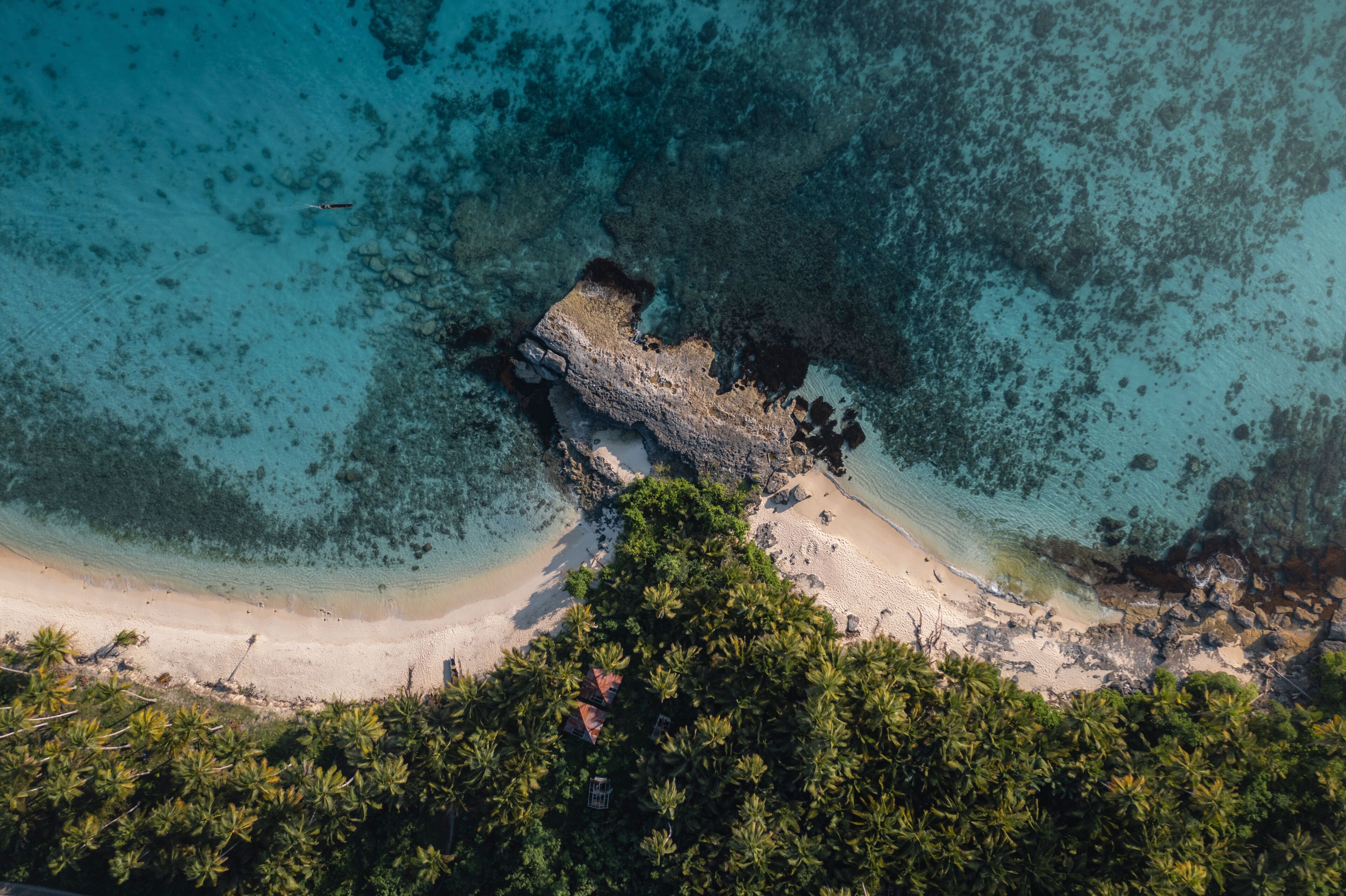 A tropical beach with clear turquoise waters, a rocky outcrop, and dense palm trees.