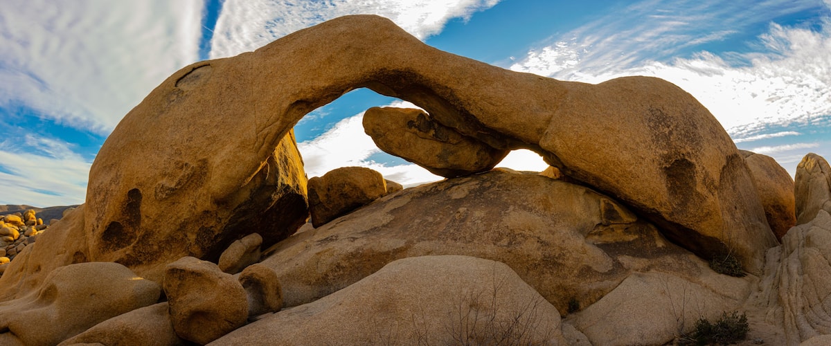 Panoramic View of Arch Rock at White Tank in Joshua Tree National Park, California, USA