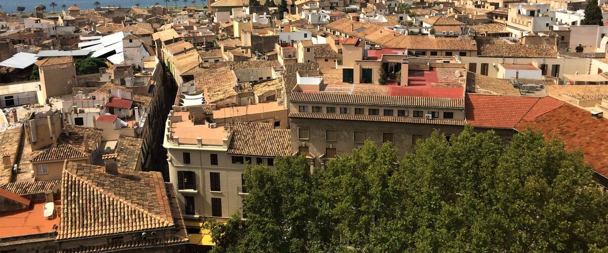 View from the Parròquia de Santa Eulàlia looking out over the old town of Palma, Mallorca. The Cathedral de Santa María is the beautiful gothic building in the distance.