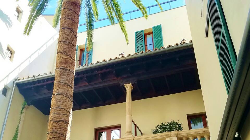 Un bâtiment orné d’un palmier, doté d’un balcon et d’une arche en pierre.