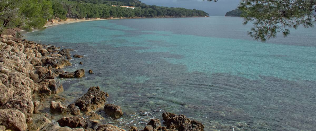 A coastal landscape with clear turquoise waters, rocky shoreline, and a forested hillside.