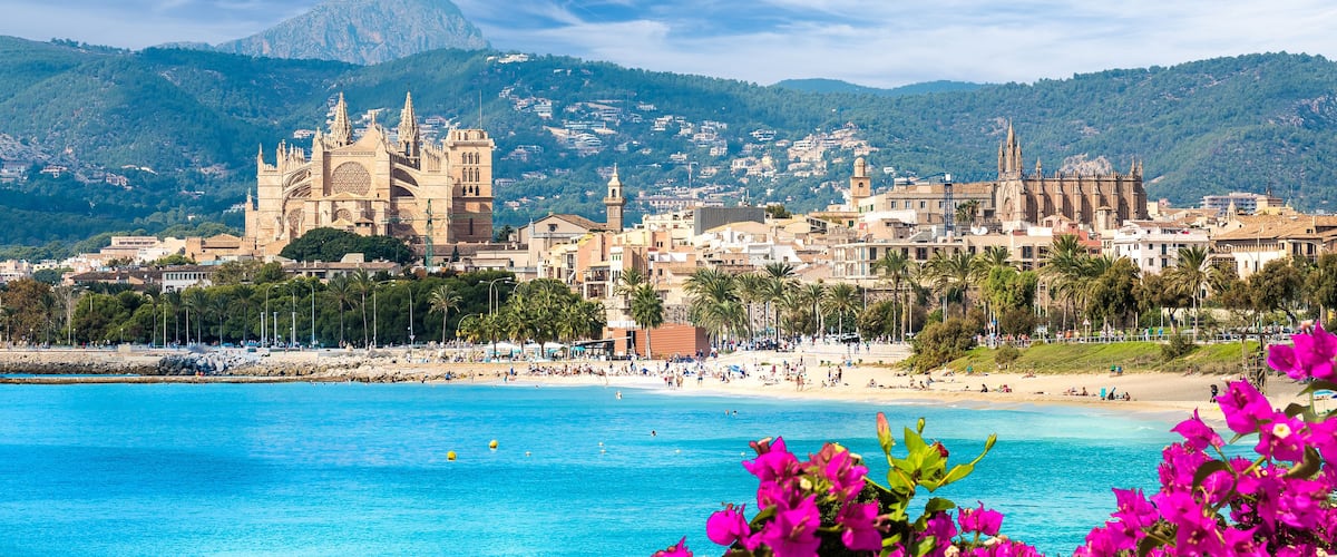 Landscape with beach and Palma de Mallorca town, Spain