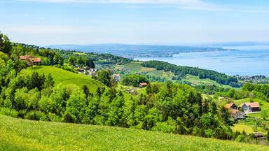 A lush green valley with rolling hills, a lake, and scattered houses.