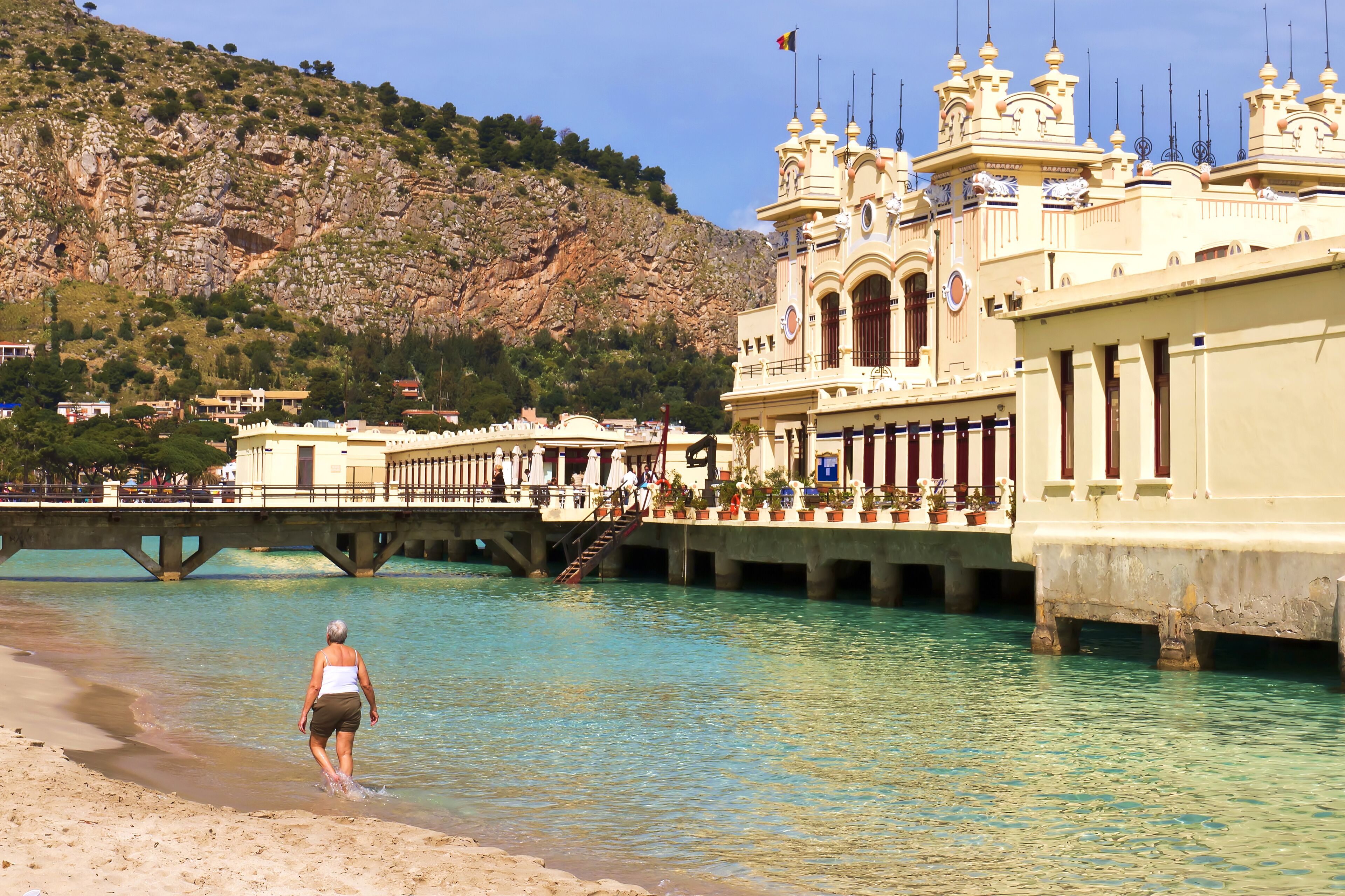 Art Nouveau Style building Stabilimento Balneare Charleston from the early 20th century at the Beach of Mondello in the near of Palermo in Sicily, Italy