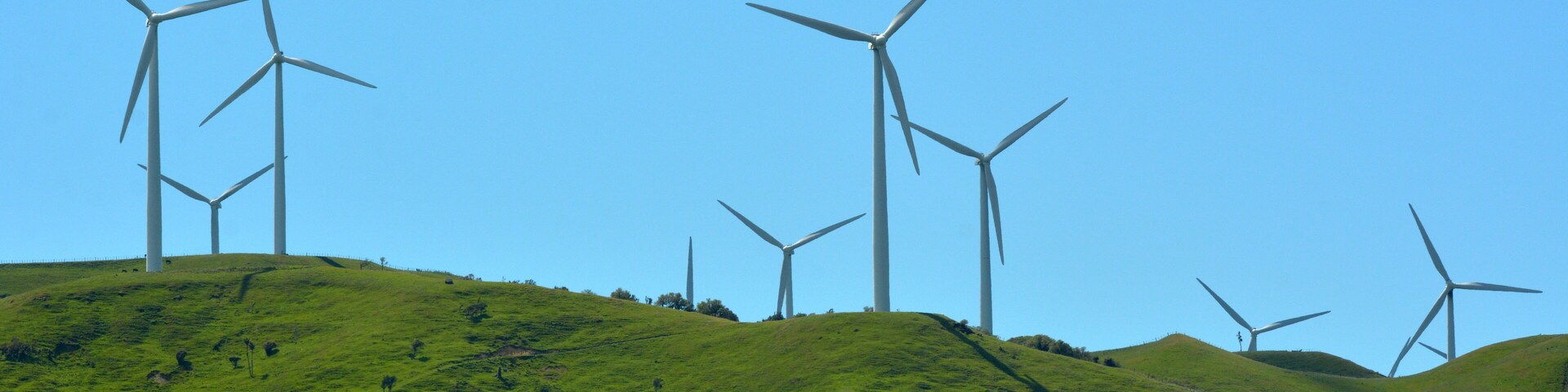Wind turbines on a green hill.