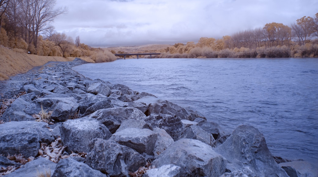 Infrared image of Manawatu river in Palmerston North New Zealand with stone protection on its banks
