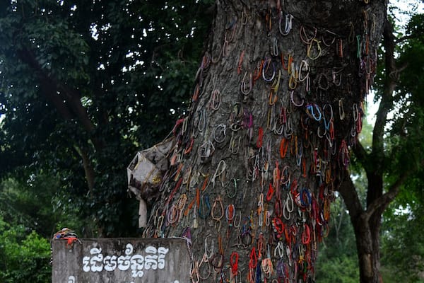 Ein Baum, an dessen Ästen zahlreiche bunte Handschellen hängen.