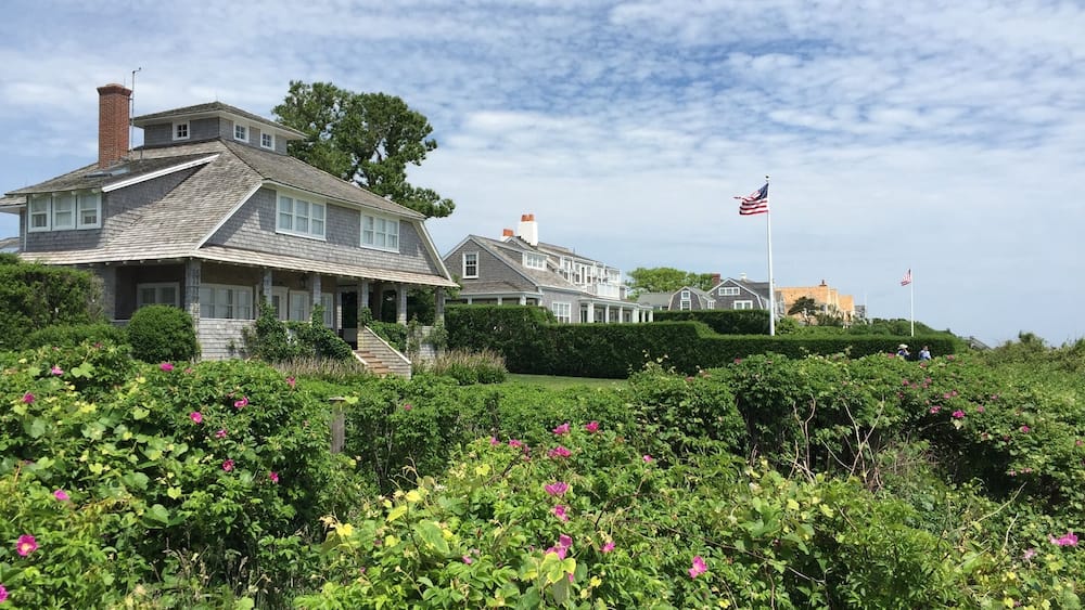 Une grande maison avec une cheminée, entourée d’une végétation luxuriante et de fleurs roses.