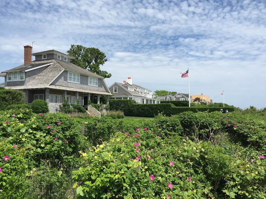 A large house with a chimney, surrounded by lush greenery and pink flowers.