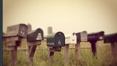 A row of mailboxes in a grassy area with a dirt path.