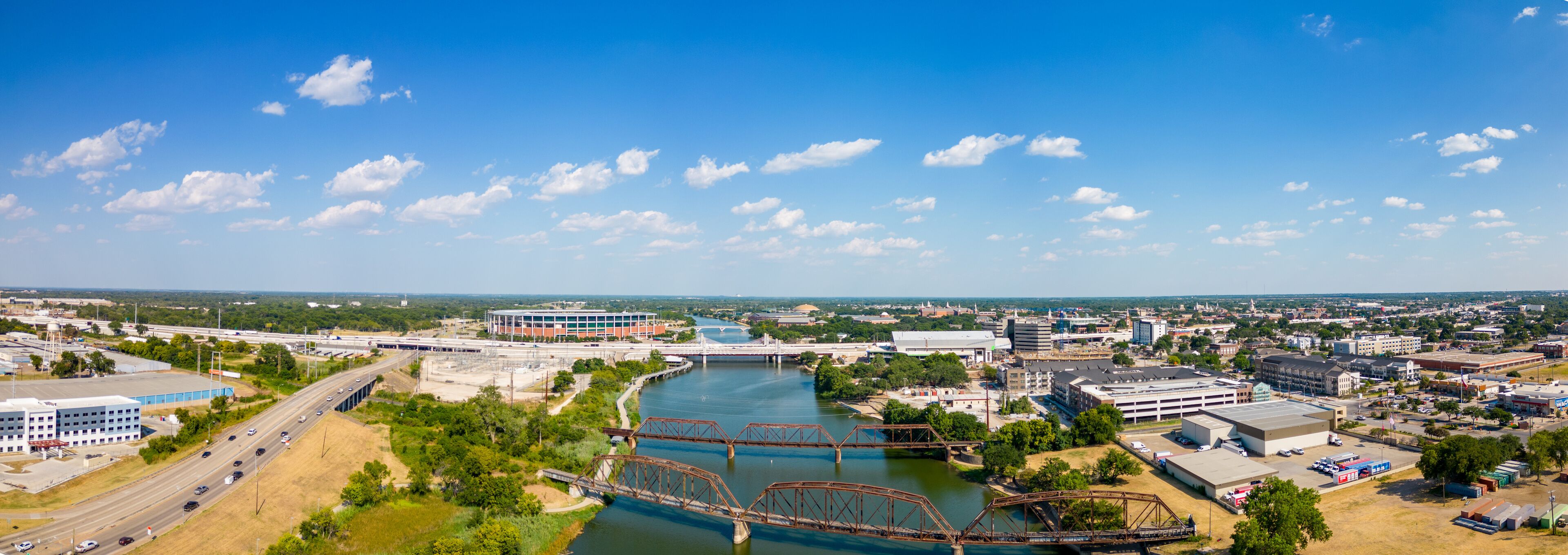 Aerial panorama Waco Texas Brazos River circa July 2023