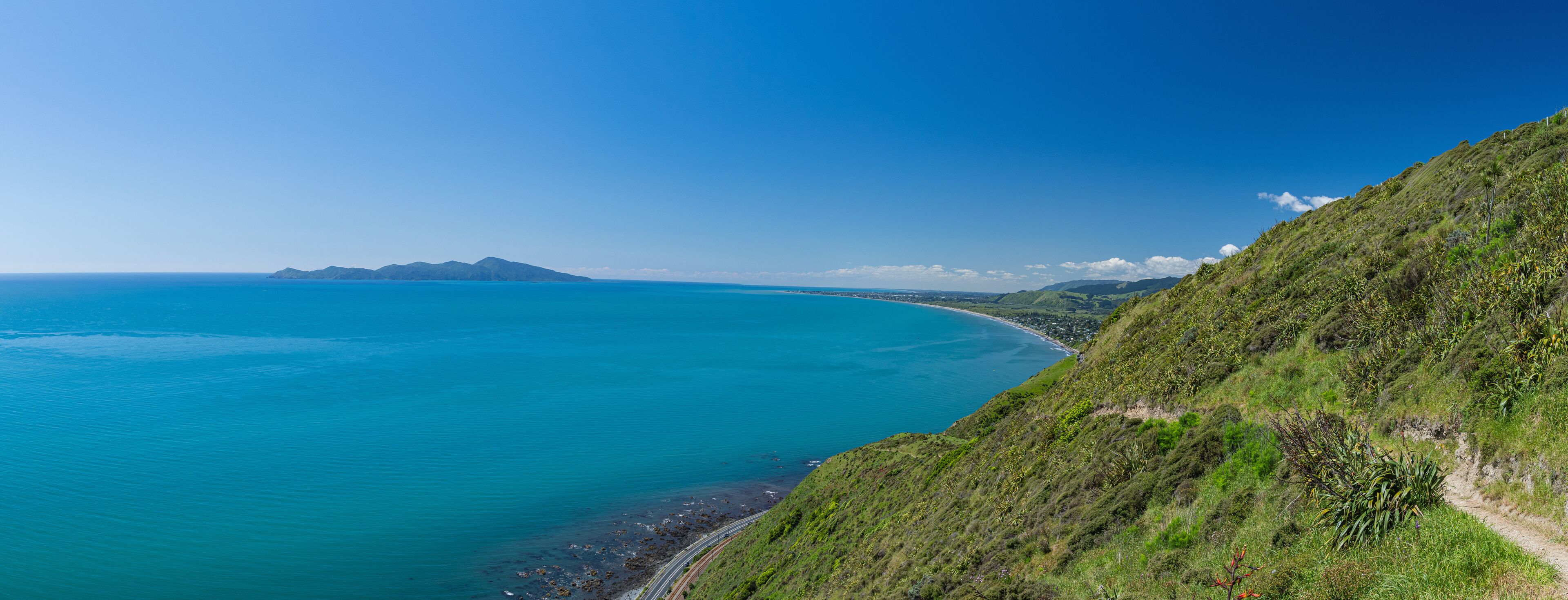 ニュージーランド　パエカカリキ・エスカープメント・トラックから見えるカピティ島