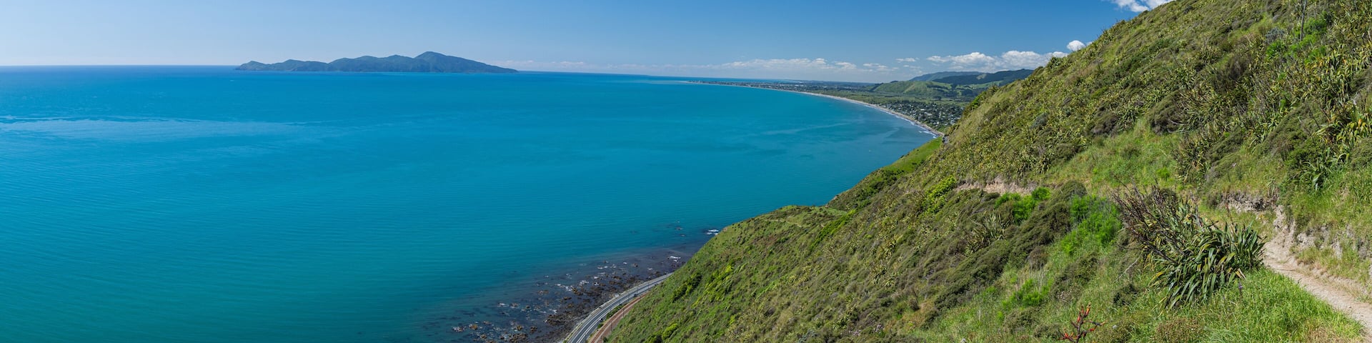 ニュージーランド パエカカリキ・エスカープメント・トラックから見えるカピティ島