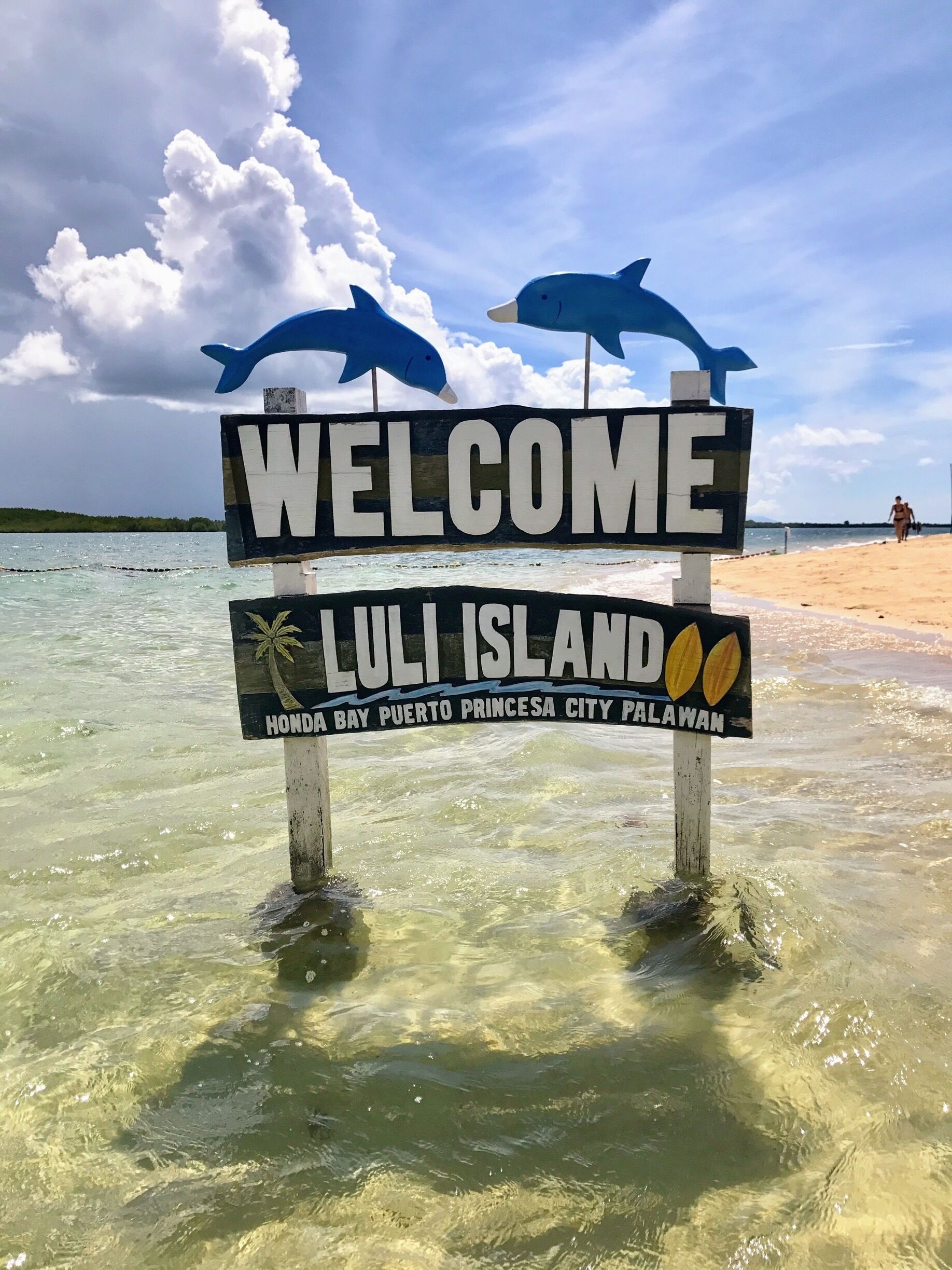 A welcome sign for Luli Island with dolphins and palm trees.