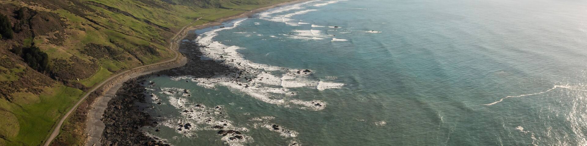 Drone view of cliffs and ocean at the Lost Coast in Northern California, USA.
