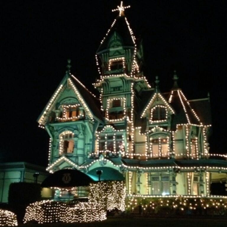 Carson mansion - enjoying a few days of R&R in Eureka visiting friends & family.  Staying at the Carson Hotel with a great view of the mansion from my room.  Lovely in holiday lights.