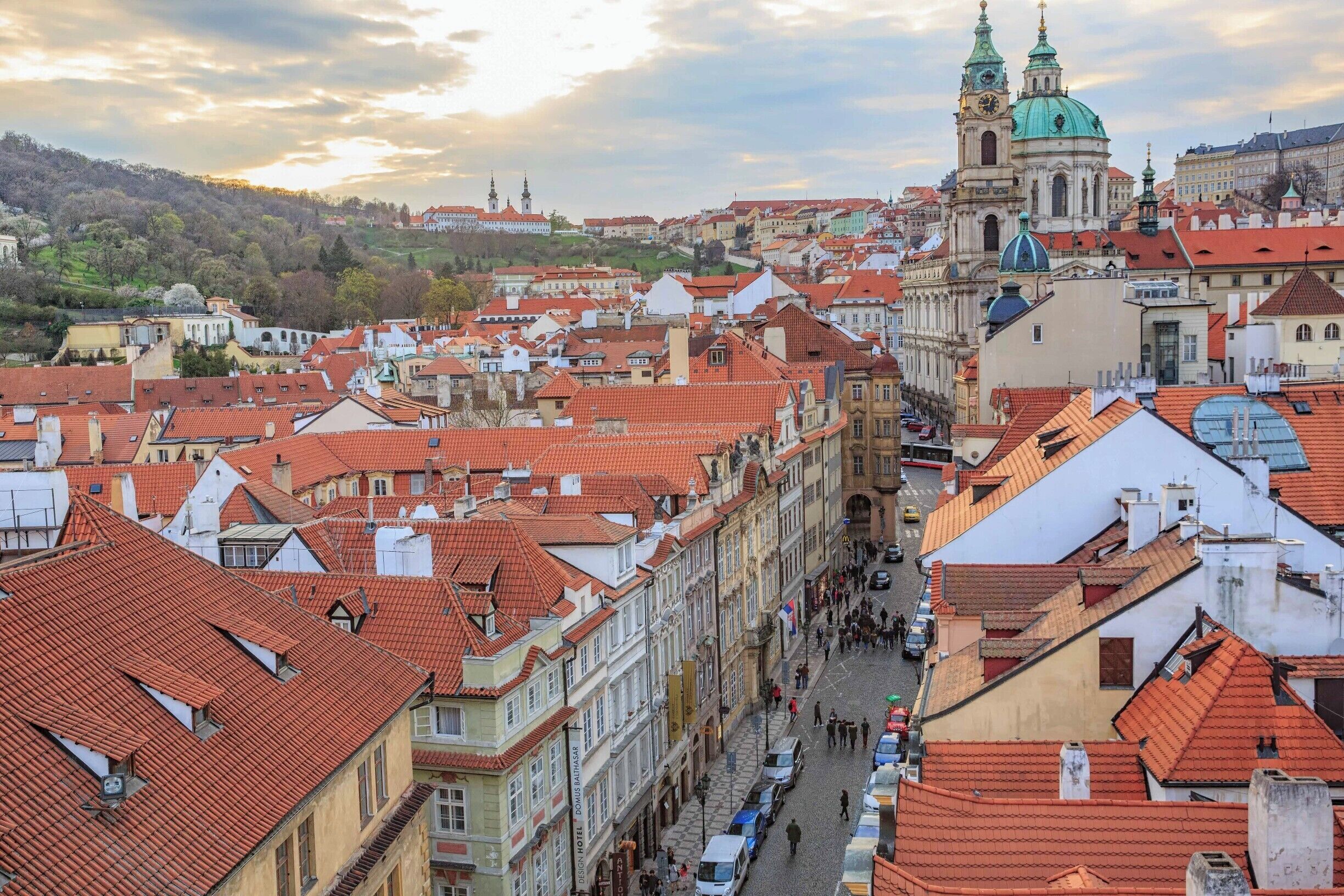 This is a view looking west from the west tower of Charles Bridge, a wonderful viewing point for a 360 degree view of Old Prague. You can see the 2 spires of Strahov Monastery in the far distance. I love the red roofs of Old Prague. 