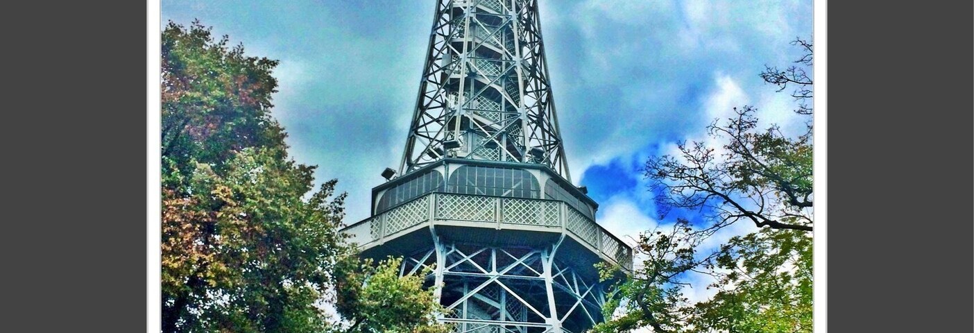 A Torre Eiffel sob um céu nublado e árvores em primeiro plano.