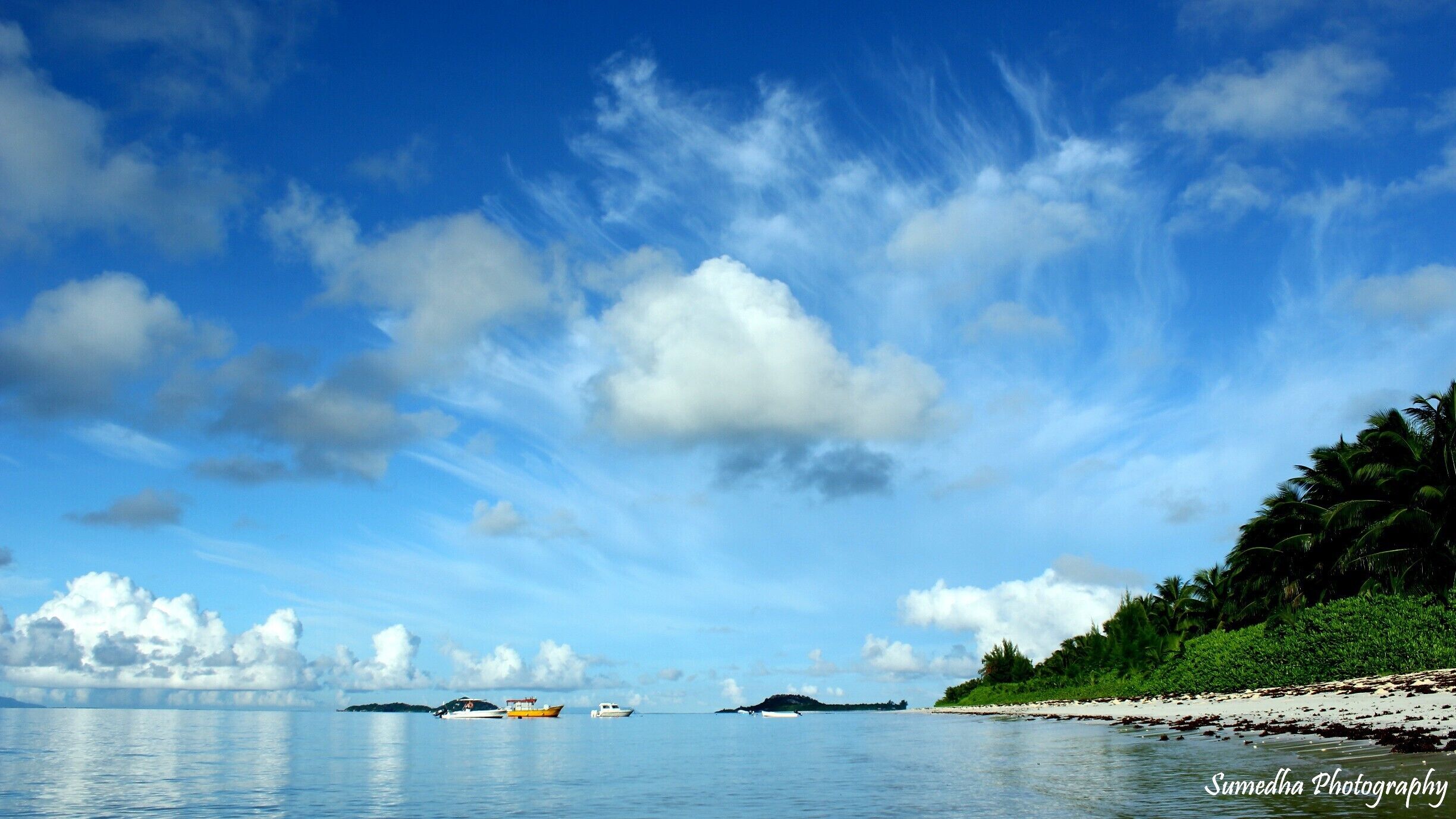 When the sky and the sea meet up to become one with brilliant blues and puffy whites, it creates a magical morning.
A day which starts like this will only be full of energy and positivity. This was one of my favorite mornings on the beautiful island of Seychelles named Praslin. I had the beach almost to myself with only 1 or 2 of early morning joggers saying hello or a fisherman at a distance preparing his boat.
#blue 