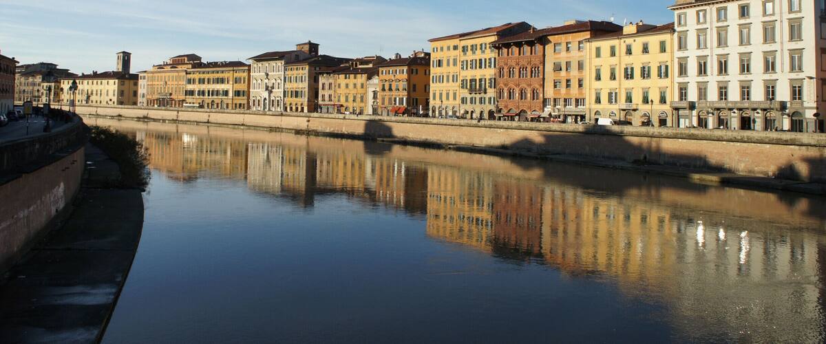 View from the Ponte di Mezzo bridge in Pisa in front of the Gambacorti Palace.