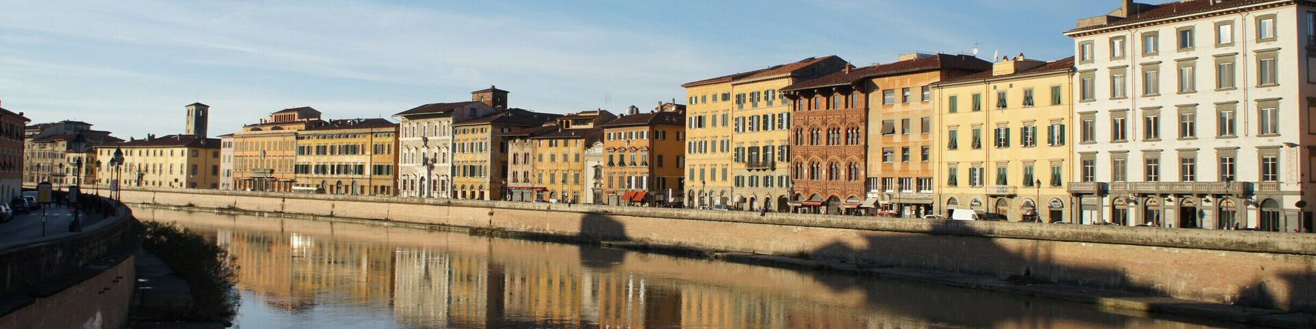 View from the Ponte di Mezzo bridge in Pisa in front of the Gambacorti Palace.